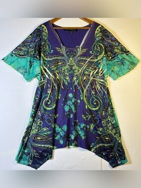 French Bazaar Women’s XL Boho Paisley V-Neck Tunic Top in Purple and Teal